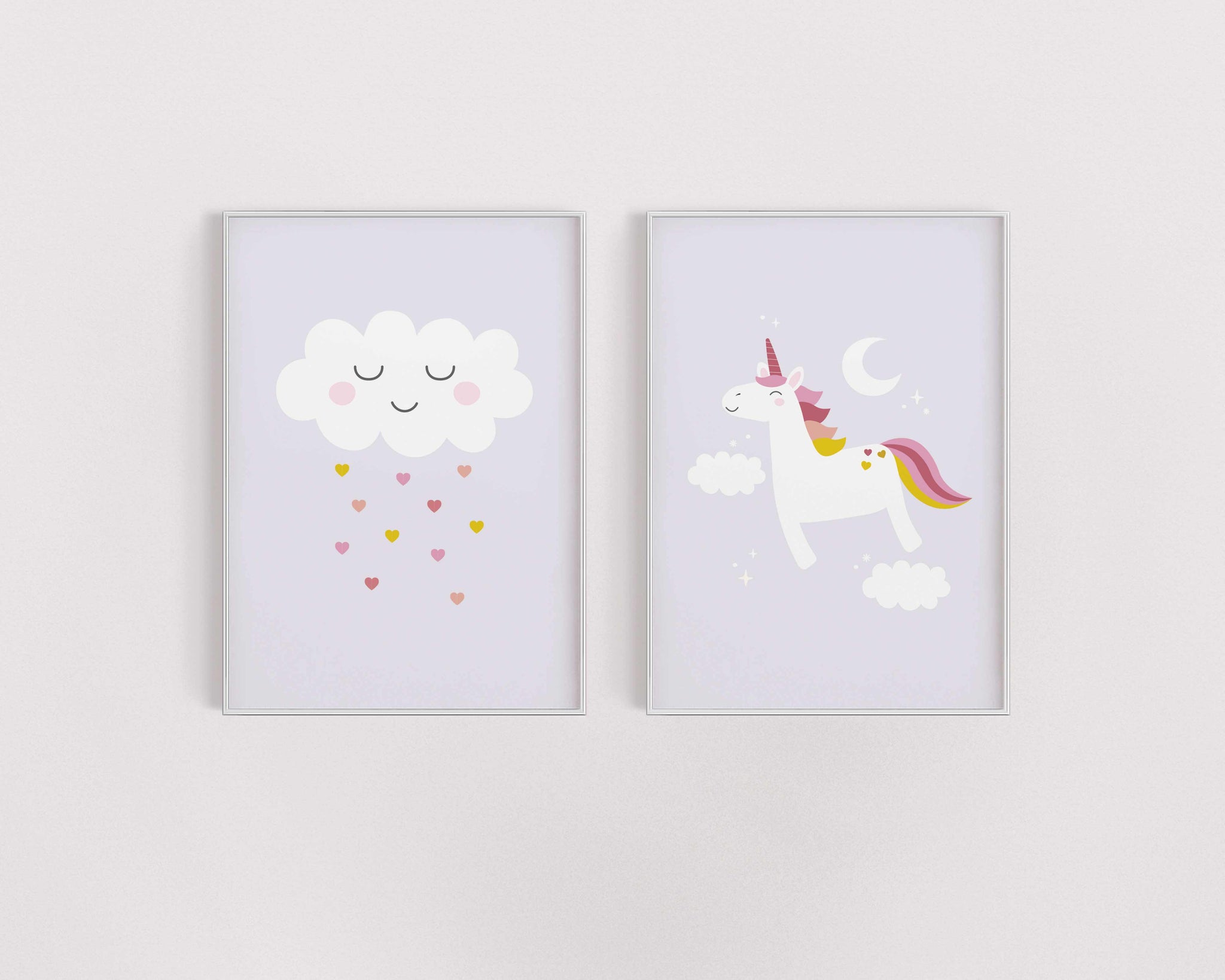 Stampa e decorazioni per la cameretta dei bambini con unicorno sognante (set di 2)